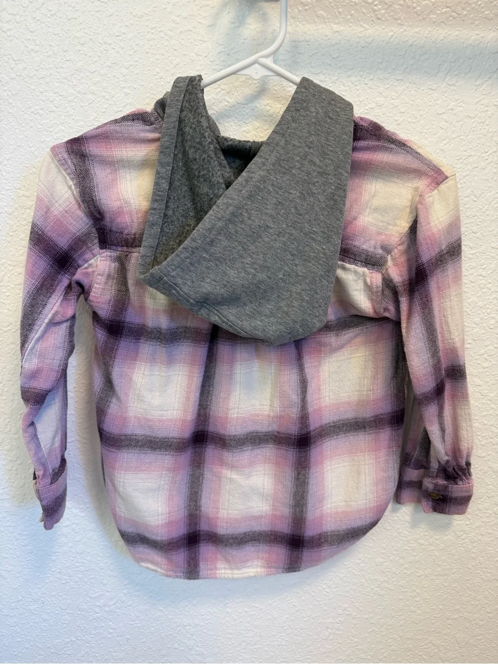 Old Navy Pink, Gray & White Plaid Hooded Button-Down Shirt